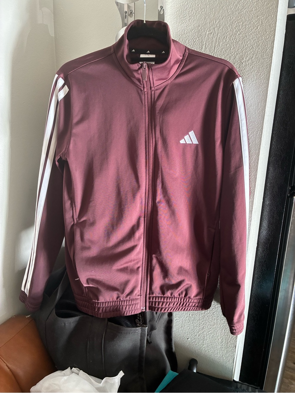 Adidas Women’s Brown Maroon Track Jacket with White Stripes